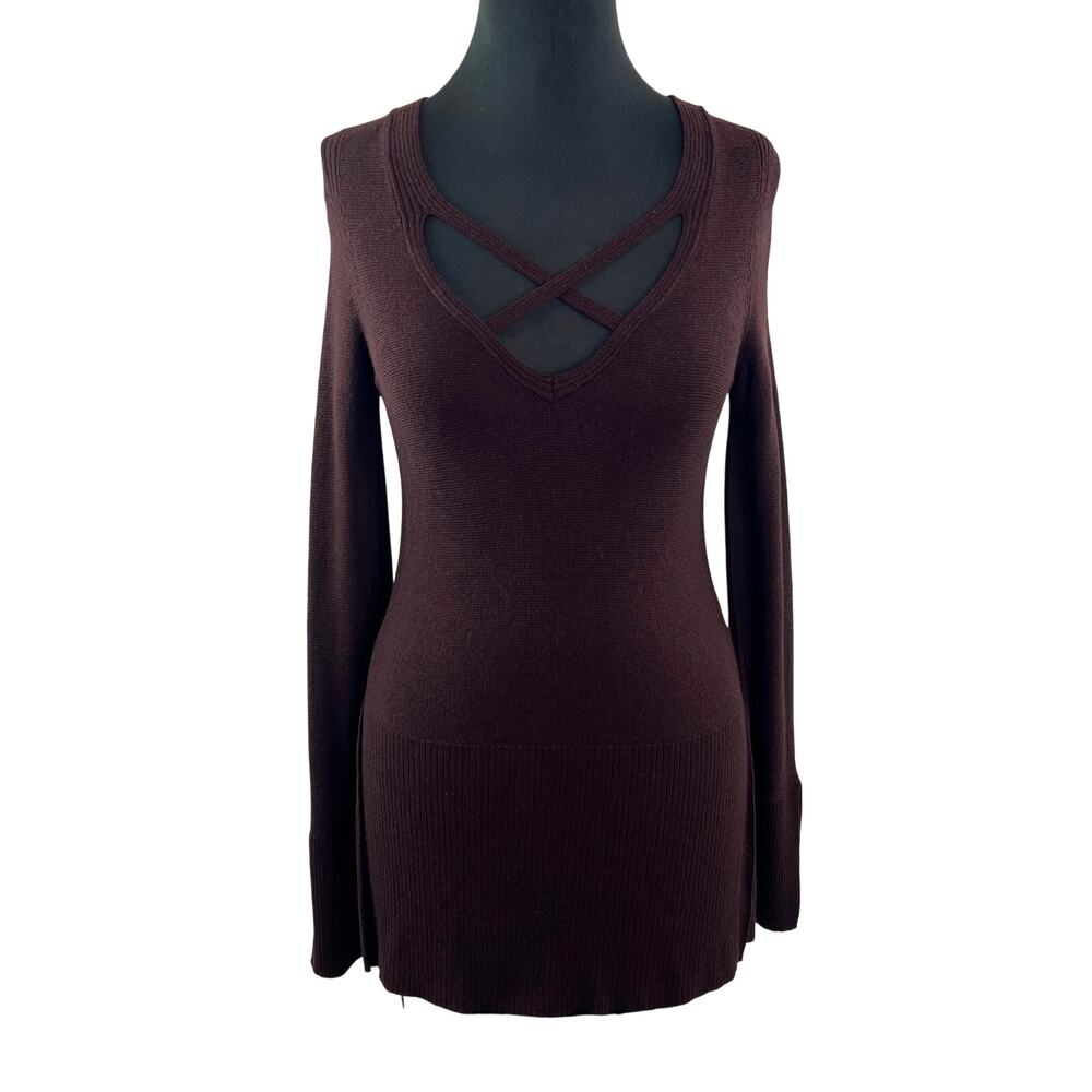 FREE PEOPLE Brown Sweater Criss Cross V-Neck Flare Sleeve Size X-Small XS